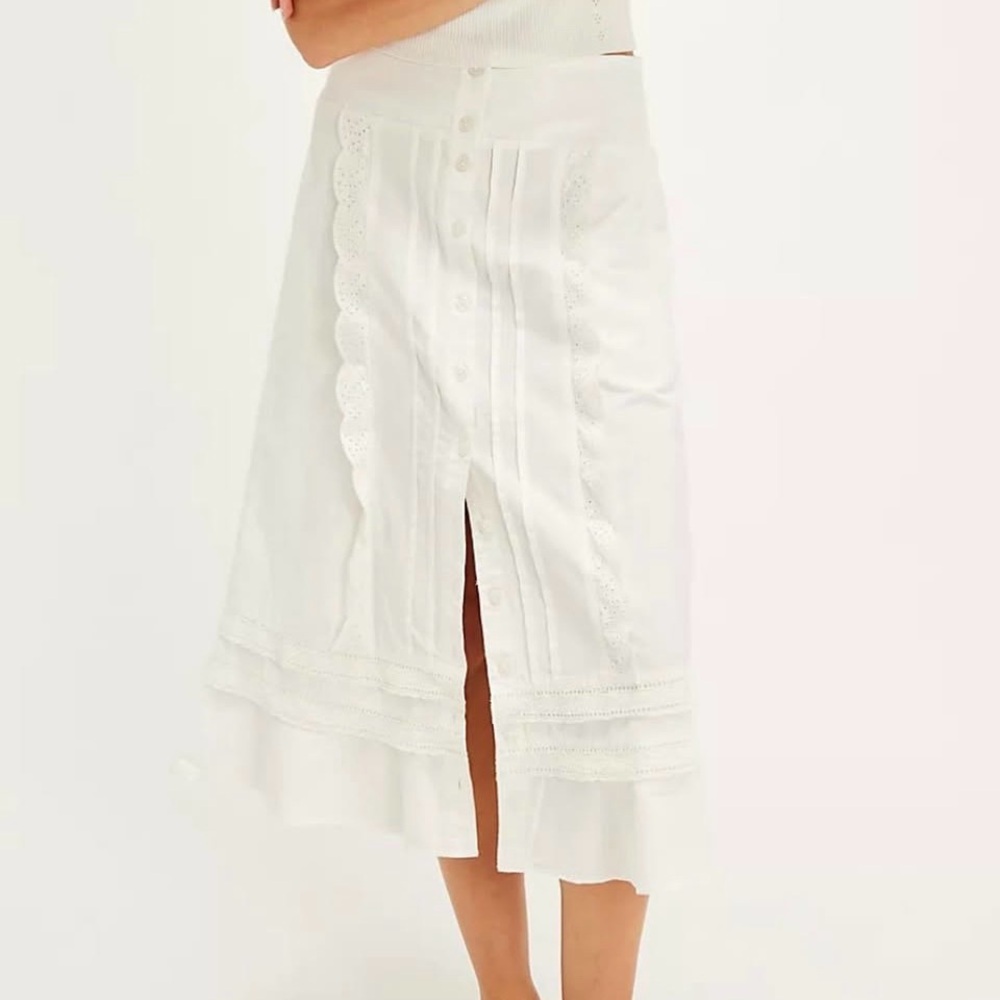Free People White Eyelet Midi Skirt with Pintuck Front Slit